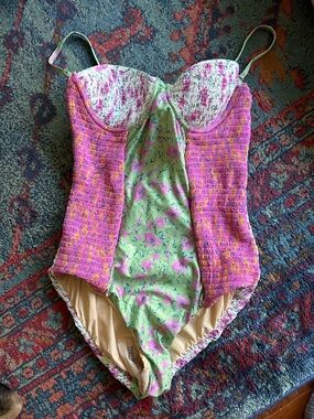Anthropologie Pink and Green Floral One-Piece Swimsuit
